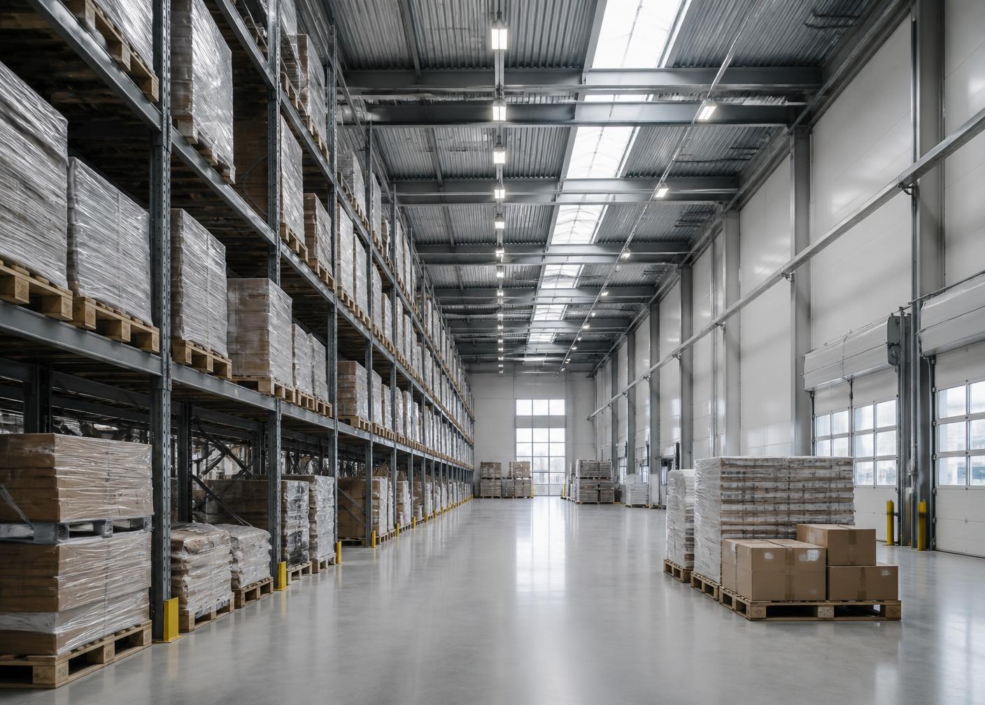 Organized commercial distribution warehouse with palletized goods