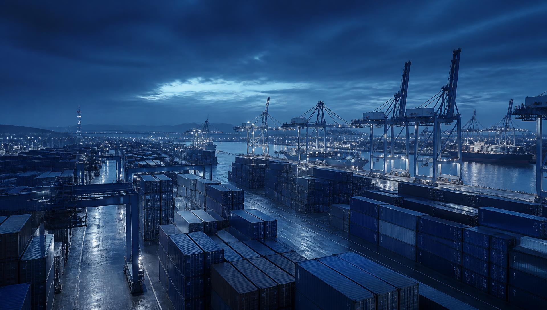 International container terminal at dusk representing global trade operations